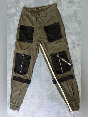 American Bazi Olive Green Utility Cargo Pants with Black Patch Pockets